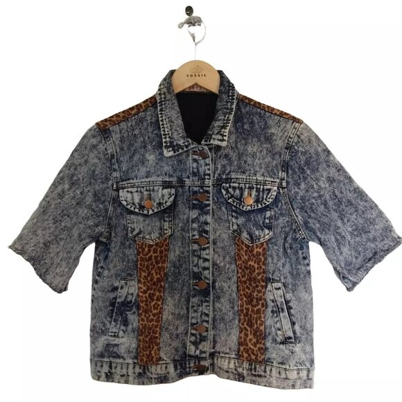 Jacket L Grunge Punk Stonewash Denim Cut Distressed Sleeve Leopard Yoke Trim - Picture 1 of 6
